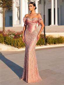 Glamrae Đầm dạ hội sang trọng, đính cườm và sequin, tay trễ vai, chất liệu satin xếp ly, dáng đuôi cá, thích hợp cho đám cưới, tiệc tùng, dạ hội, tiệc chiêu đãi (đính kèm rất nhiều chi tiết). - Bụi hồng - Xem 6