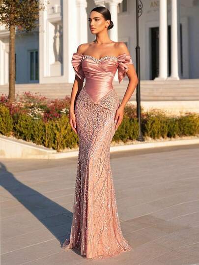 Glamrae Elegant Luxurious Beaded & Sequin Embroidered One-Shoulder Sleeve Decor Satin Ruched Mermaid Hem Dress, Suitable For Wedding, Party, Prom, Banquet (Heavy Embellishment)