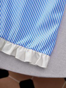 Girls' Blue And White Striped Summer Romper,Cute Flutter Sleeve Ruffle Trim V-Back With Bow,Elastic Waist Vacation Holiday Outing Youthful Romper - Blue - View 3