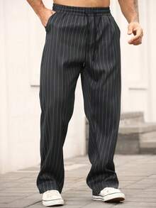 Manfinity Homme Celana Panjang Bergaris Kasual Pria, Celana Modis - asap abu-abu - View 5