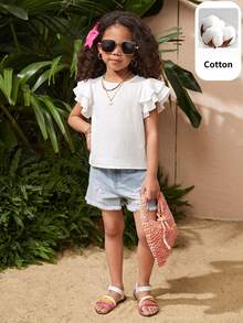 SHEIN Young Girl Woven Solid Color Round Neck Ruffle Casual Blouse - White - View 4
