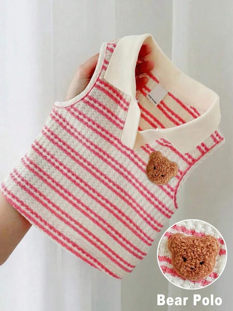 SHEIN LMoss Kids Áo polo kẻ sọc dệt kim hình gấu dễ thương cho bé gái, kiểu dáng thường ngày, thích hợp mặc mùa hè, quần áo trẻ em gái, áo polo kẻ sọc, áo kiểu mùa hè, trang phục đi học, trang phục hàng ngày. - Hồng - Xem 1