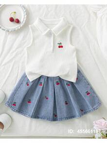 Genkimix Kids 两件套甜美樱桃刺绣女童套装，红色荷叶边无袖上衣搭配浅蓝色牛仔裙，饰有3D樱桃和蝴蝶结刺绣，面料柔软亲肤，适合夏季日常穿着、外出、派对等场合，展现活力俏皮的风格。 - 白色 - 查看 7