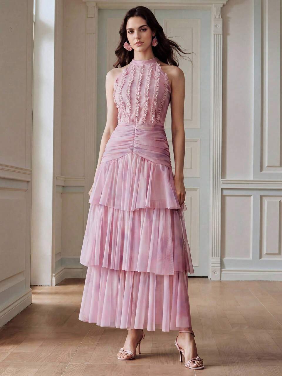 Anewsta Women's Summer Elegant Romantic French Style Dusty Mauve Sleeveless Halter Neck Layered Ruffle Waist Cinched Dress Wedding Tea Party Ninang Pink