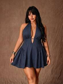 Rustia Gaun Mini A-Line Seksi Bermotif Polkadot Model Halter Tie untuk Wanita Ukuran Plus - Navy Blue - View 4