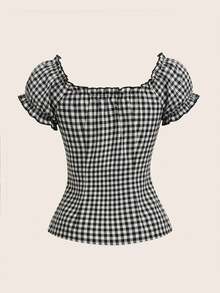 Attitoon Women's Plaid Lace Patchwork Tie Front Fashionable Versatile Blouse,Summer Top - Black and White - View 6