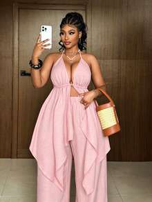 Maweii Plus Size Backless Tie-Up Asymmetric Hem Sexy 2 Pieces Set, Suitable For Dates & Vacations - Pink - View 1