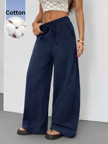 SHEIN Tall Quần nữ mùa hè/mọi mùa, phong cách đồng quê, đi xem hòa nhạc, đi biển, boho, tối giản, chất liệu 100% cotton, ống quần cong. - Màu xanh hải quân - Xem 8