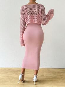 SHEIN Women's Solid Color Hollow Out Drop Shoulder Long Sleeve Sweater And Knit Slip Dress 2-Piece Set - Pink - View 2