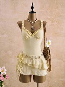 Bellisia Women's Ivory Lace Trim Vacation Skirt Set - Pale Yellow - View 4