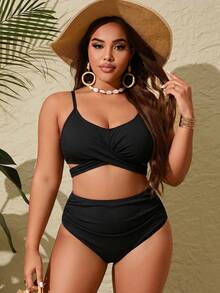 Slaydiva Conjunto de Traje de Baño Tankini Estampado Talla Grande - Negro - Ver 4
