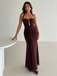 Aloruh Women's Burgundy Deep V-Neck Tie-Up Ruched Dress, Spring/Summer Event Formal Formal,Wedding Vacation Guests,Dresses For Women Summer Elegant - Purple - View 10