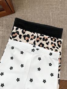 SHEIN 3pcs Baby Girl Knitted Solid Color, Floral & Leopard Print Coordinated Casual Outfit Set - Multicolor - View 5