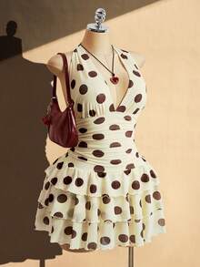SHEIN ICON 大码女式深V领露背系带波点褶皱休闲派对连衣裙 - 黃色 - 查看 4
