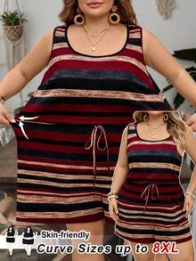 SHEIN CURVE+ 大码女式条纹无袖休闲连体裤，复古波西米亚风夏季款 - 彩色 - 查看 1