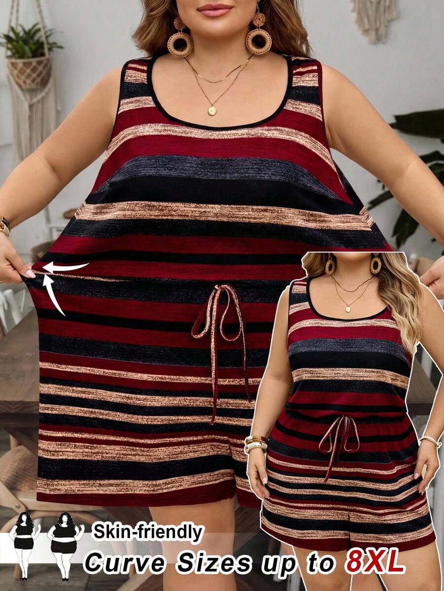 SHEIN CURVE+ 大码女式条纹无袖休闲连体裤,复古波西米亚风夏季款 - 彩色 - 查看 1