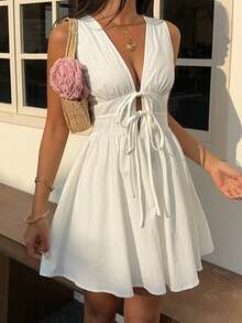 SHEIN EZwear 深V领收腰无袖条纹女士迷你连衣裙 - 白色 - 查看 8