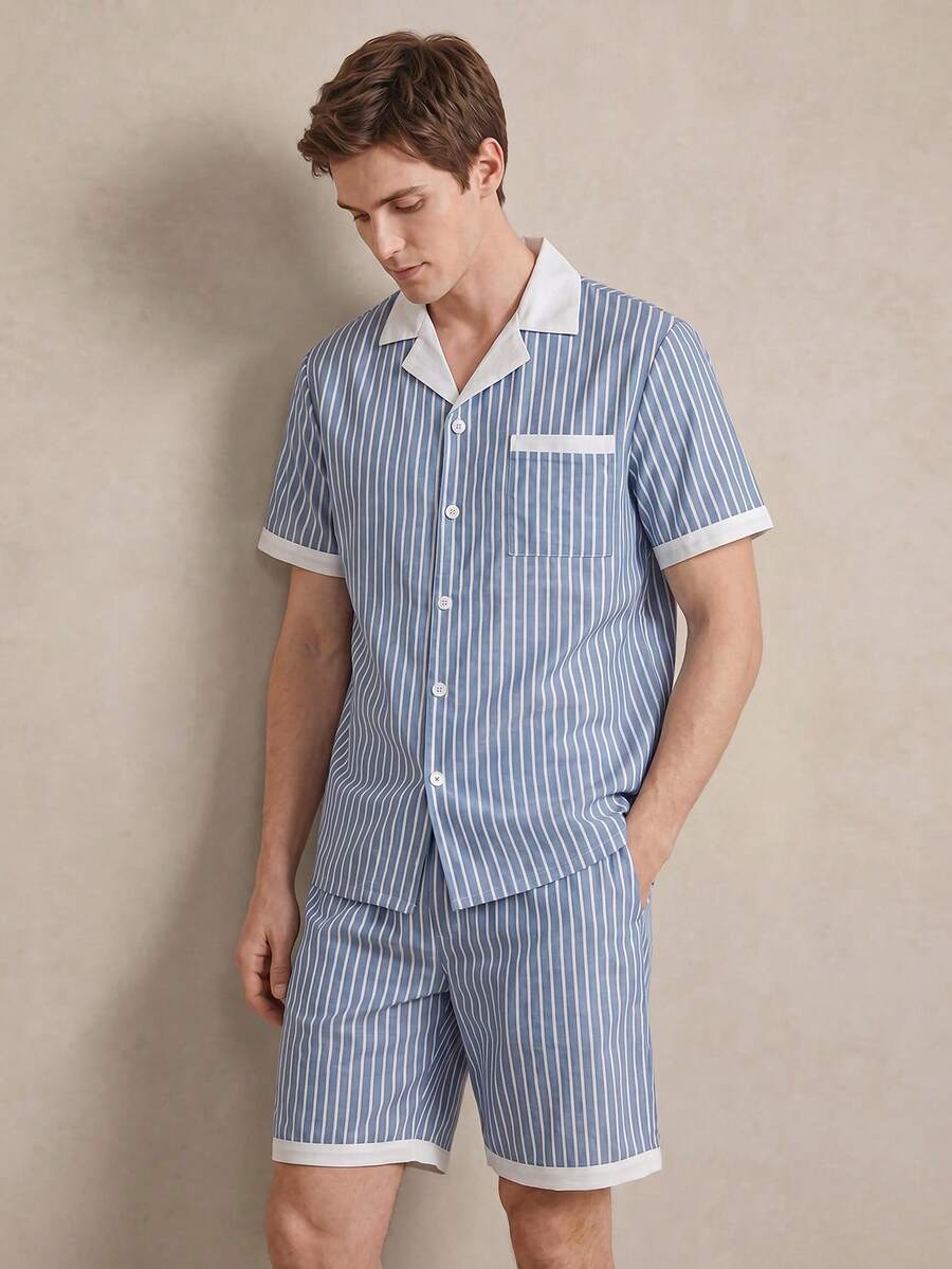 EverLounge 男士休闲撞色条纹家居服套装 - 藍白色 - 查看 1