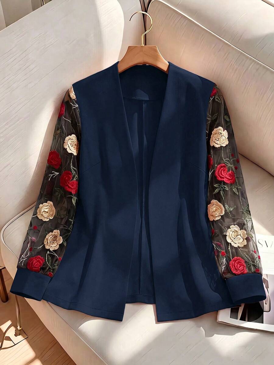 SHEIN Clasi 大码女式通勤时尚撞色网眼印花西装外套 - 藏蓝色 - 查看 1