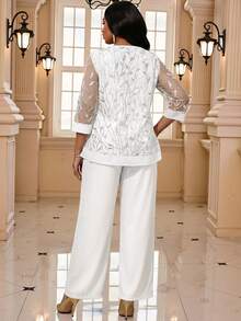 Fleurora Plus Size Sequin Embroidery Mesh Patchwork Top And Pants 2 Pieces Set - White - View 2