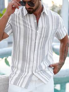 VENTUSAIL Striped Print Front Button Casual Short Sleeve Shirt, Versatile For Summer, Holiday - Multicolor - View 3