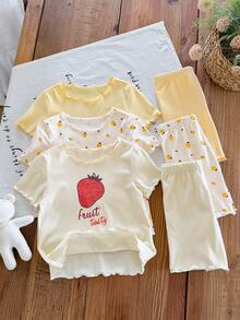 SHEIN LMoss Kids 女婴可爱卡通草莓图案荷叶边圆领短袖短裤柔软针织睡衣套装，6件套夏季 - 芥末黃 - 查看 5
