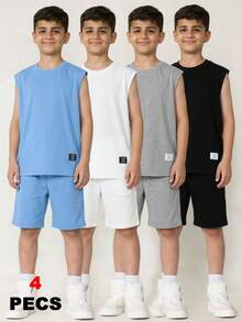 SHEIN Bộ 4 áo thun dệt kim không tay cổ tròn màu trơn, phong cách đường phố, in chữ, dành cho trẻ em/bé trai, 4 màu, thích hợp cho đi làm, đi học, mặc thường ngày, chơi thể thao, mùa xuân/hè, đi nghỉ mát. - Nhiều màu - Xem 5