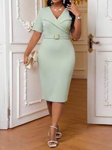 SHEIN Lady Work Outfits For Women  Plus Size Elegant Solid Color V-Neck Fitted Dress, Summer Cocktail Work Office Sage Green - Mint Green - View 6