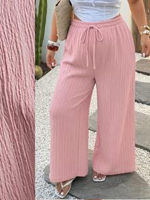 Plussiva Maternity Plus Size Textured Drawstring Waist Pocket Loose Casual Pants, Versatile Daily Wear - Pink - View 2