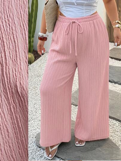 Plussiva Maternity Plus Size Textured Drawstring Waist Pocket Loose Casual Pants, Versatile Daily Wear