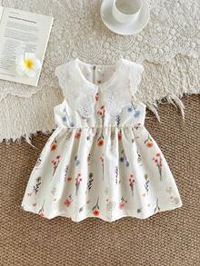 SHEIN Elladie kids 女婴甜美公主蕾丝边无袖连衣裙，粉色，夏季 - 白色 - 查看 3