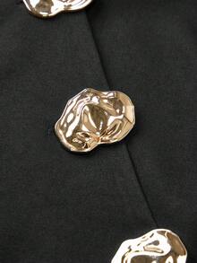 SHEIN LUNE 大码V领修身女式衬衫，优雅荷叶边袖网纱蕾丝边饰上衣，不对称下摆装饰纽扣收腰设计，适合身材丰满的女士，适合办公室和派对穿着。 - 黑色 - 查看 7