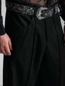 Zorclune 男士基本款休闲纯色宽松裤黑色阔腿裤阔腿裤阔腿裤男宽松宽腿裤秋季 - 黑色 - 查看 4