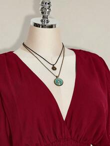 SHEIN ICON 大码V领荷叶边A字连衣裙，适合海滩度假、波西米亚风、嬉皮风、Y2K风格、夏季、情人节、优雅约会等场合。 - 酒紅色 - 查看 6
