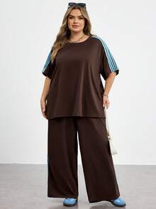 SHEIN CURVE+ Plus Size Women Light Blue Round Neck Short Sleeve T-Shirt And Pants Casual 2 Pieces Set Vacation Summer - Brown - View 7