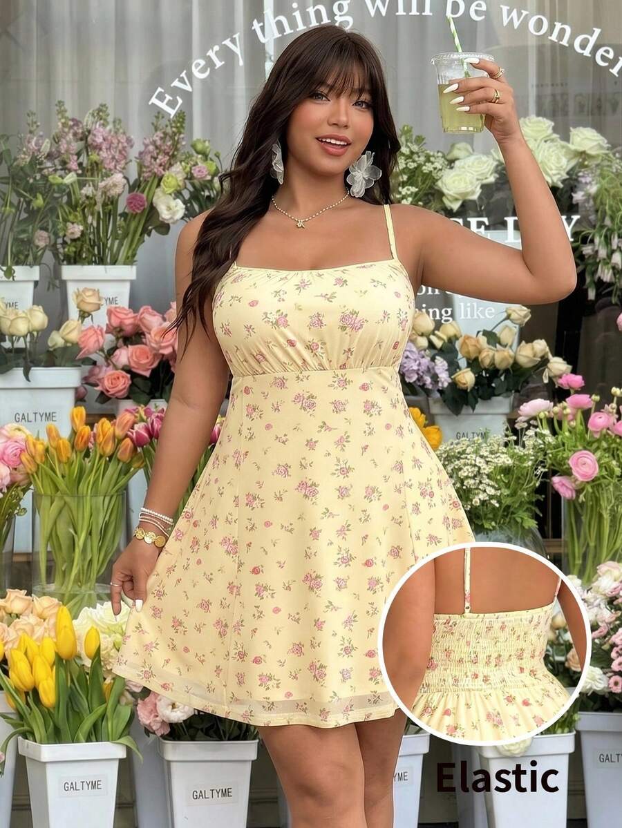 SHEIN EZwear 大码女式碎花休闲吊带连衣裙 - 黃色 - 查看 1