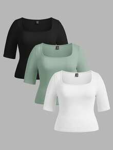 SHEIN BASICS 3pcs/Set Casual Solid Color Knit Square Neck Short Sleeve Fitted Plus Size T-Shirts - Multicolor - View 1