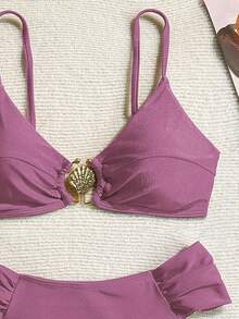 Swim Basics Women's Sexy Metal Decor Bikini Set, Includes Bra Top And Ruched Briefs, Suitable For Beach & Holiday - Purple - View 4