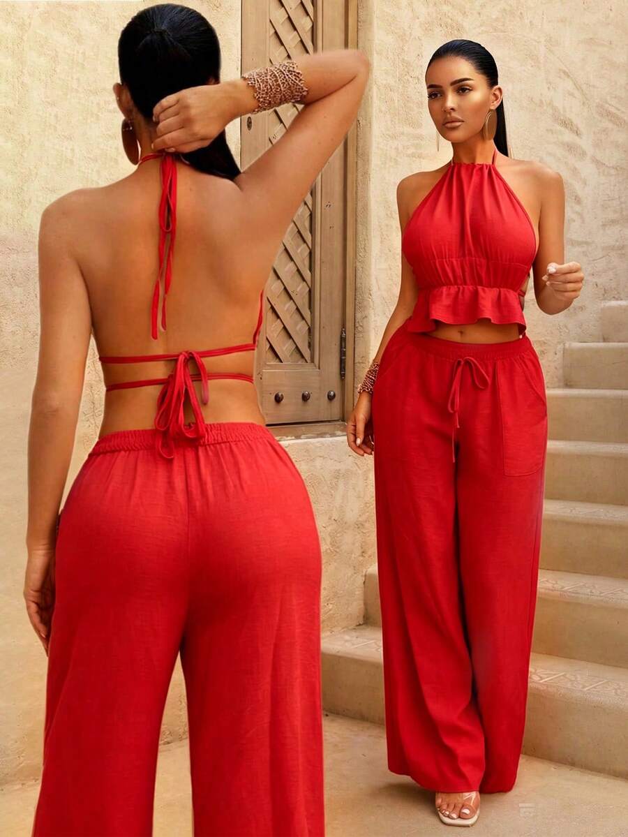 Sirith Women's Vacation Casual Backless Halter Top And Pants 2 Pieces Set - Red - View 1