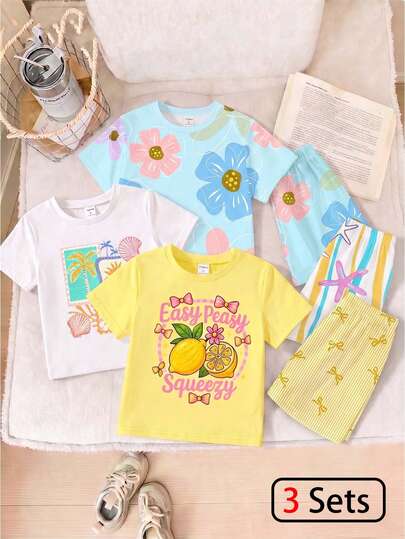 6pcs Girls' Outfits Set, 1 Set With Fresh Minimalist Summer Fruit Lemon Bow Decor Interesting Pattern Print, 1 Set With Minimalist Dopamine Floral Print, 1 Set With Girls' Vacation Style Fresh Sunshine Coconut Tree Shell Geometric Pattern T-Shirt And Colorful Wave Starfish Shorts, Suitable For Outdoor And Vacation Casual Wear, Spring/Summer
