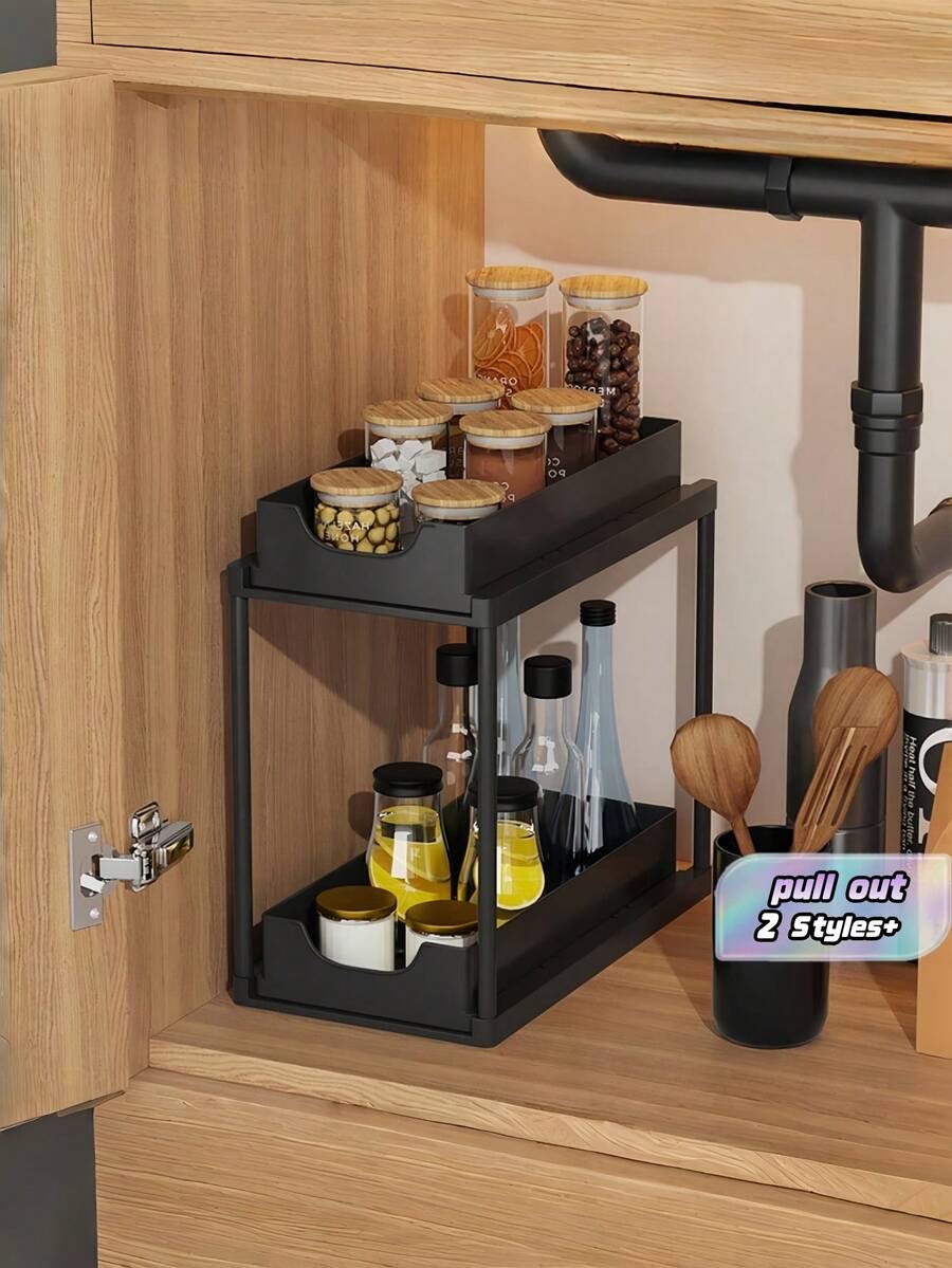 1 Piece, Water Basin Storage Rack, Storage Shelf, Double-Layer Water Basin Storage Rack, Adjustable Height, Sliding Metal Cabinet Storage Rack, Pull-Out Cabinet Storage Drawer Rack, Suitable For Kitchens And Bathrooms, Black. - Multicolor - View 1