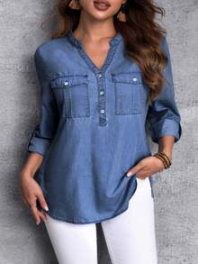 SHEIN Essnce 大码夏季休闲纽扣半开襟贴袋牛仔衬衫 - 藍色 - 查看 3