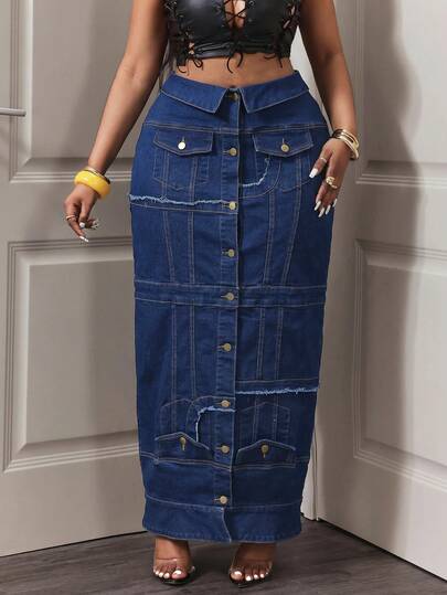 Slaydiva Plus Size Women Casual Fashionable Street Chic Daily Commute Foldover Waist Pocket Frayed Hem Denim Skirt