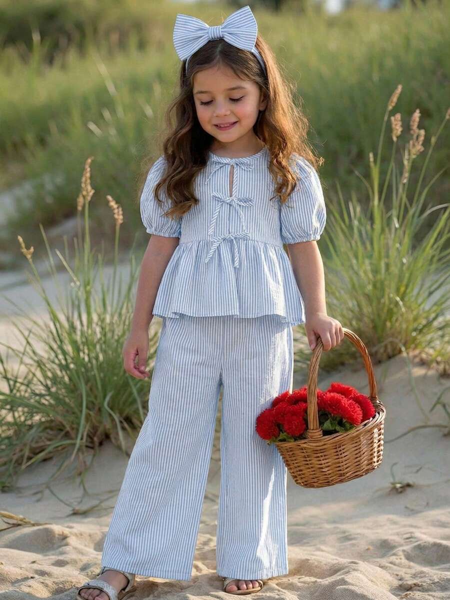 Emery Rose Kids Emery Rose Kids 女童編織格紋花瓣袖上衣與寬鬆長褲2件套 - 藍色 - 查看 1