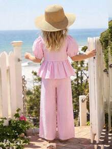 Emery Rose Kids Emery Rose Kids 女童編織格紋花瓣袖上衣與寬鬆長褲2件套 - 粉色 - 查看 3