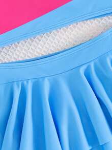 Cozy Pixies Conjunto de bikini con tirantes de espagueti y volantes en el bajo para niñas jóvenes, de colores contrastantes - Azul - Ver 3