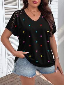 SHEIN LUNE Kaos Plus Size Motif Hati Berwarna-warni dan Ceria dengan Patchwork Renda, Cocok untuk Hari Ibu - MultiWarna - View 3