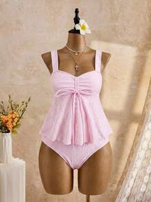 SHEIN 少女度假海滩夏季系带吊带背心泳衣套装 - 粉色 - 查看 5