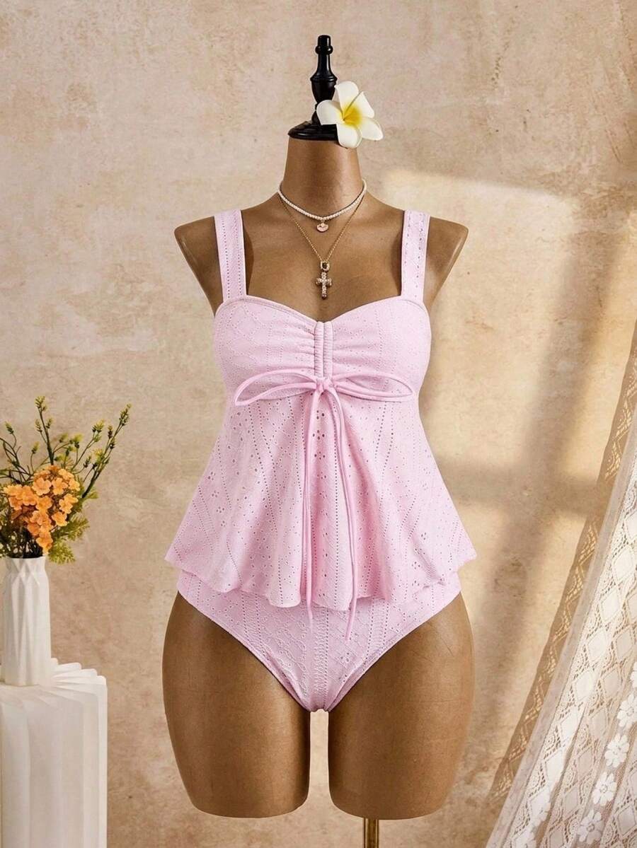 SHEIN Teen Girl Vacation Beach Summer Tie Front Camisole Tankini Set - Pink - View 1