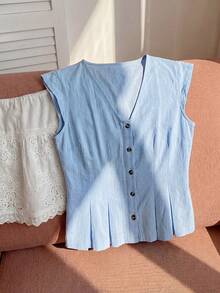 Comfortcana Plus Size Women's Casual Vacation Style Light Blue 100% Cotton Shirt, Comfortable Summer Vacation Vest-Style Shirt With V-Neck And Button Closure - Baby Blue - View 8